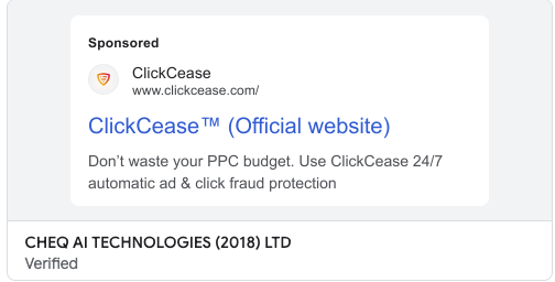 ClickCease live Google search ad from the Google Ads Transparency Center